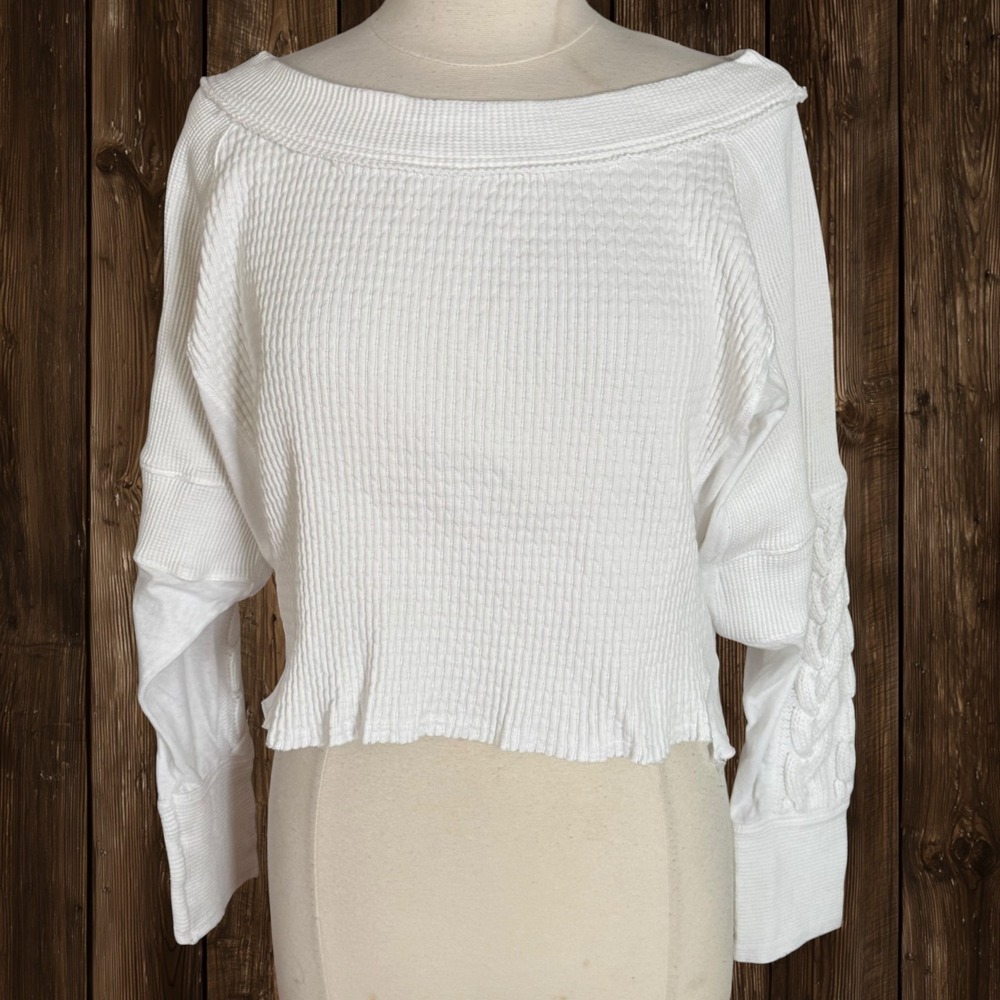 Free People Josie White Crop Thermal Sweater Top Sz S Oversized Off/On Shoulder